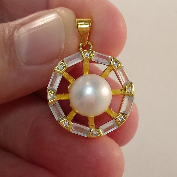 Gold 925 Silver Genuine White South Sea Pearl Diamond Zircon Necklace Pendant - Picture 2 of 8